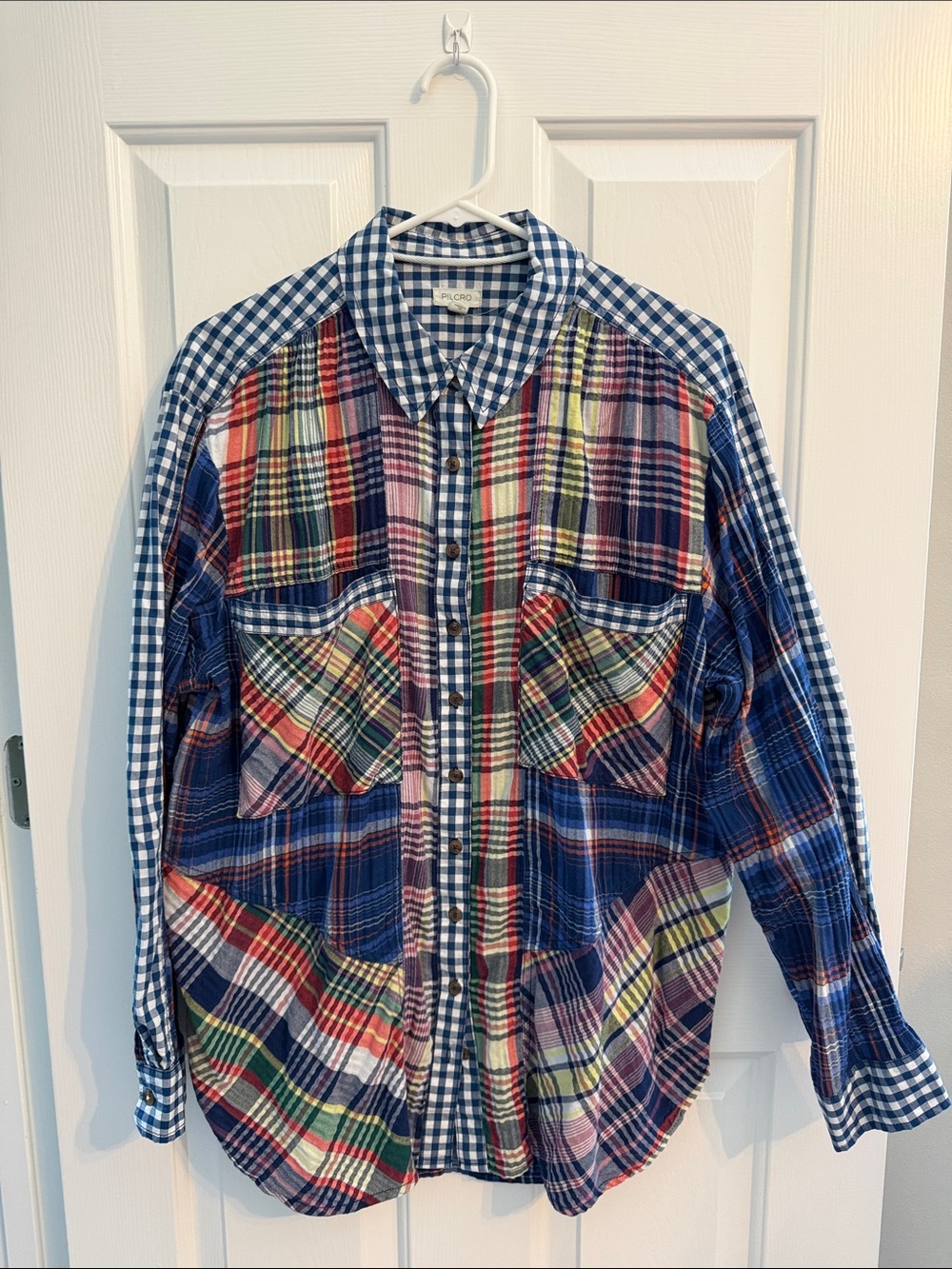 Anthropologie Multicolor Plaid Patchwork Button-Down Shirt — Blue Focus